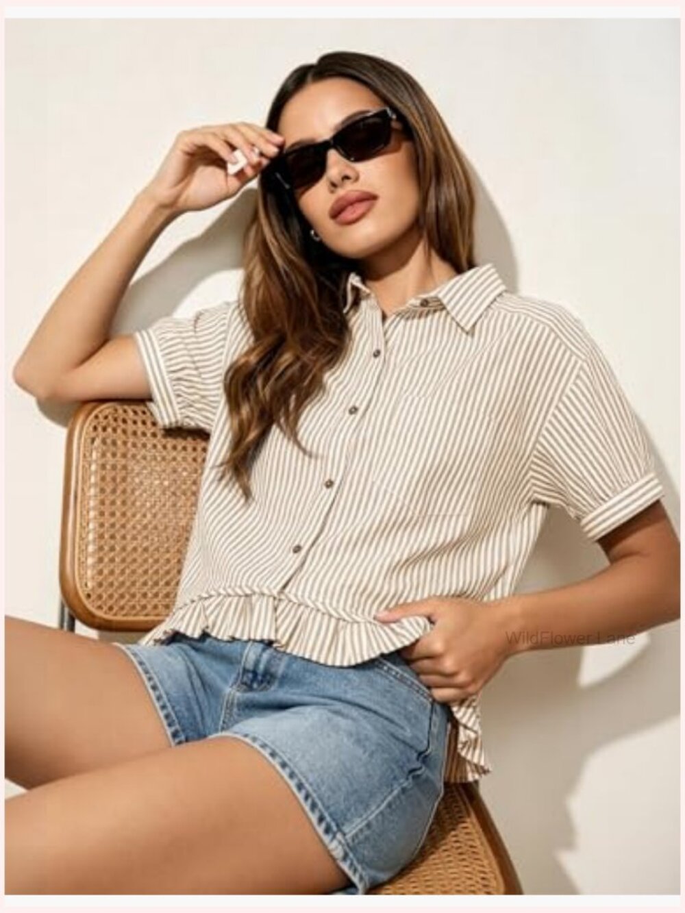 Cropped Striped Button Down Short Sleeve Ruffled Blouse Casual Summer - Picture 5 of 7